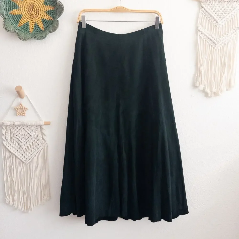 Maglia Vintage Size 12 Green Suede Leather Midi Skirt USA